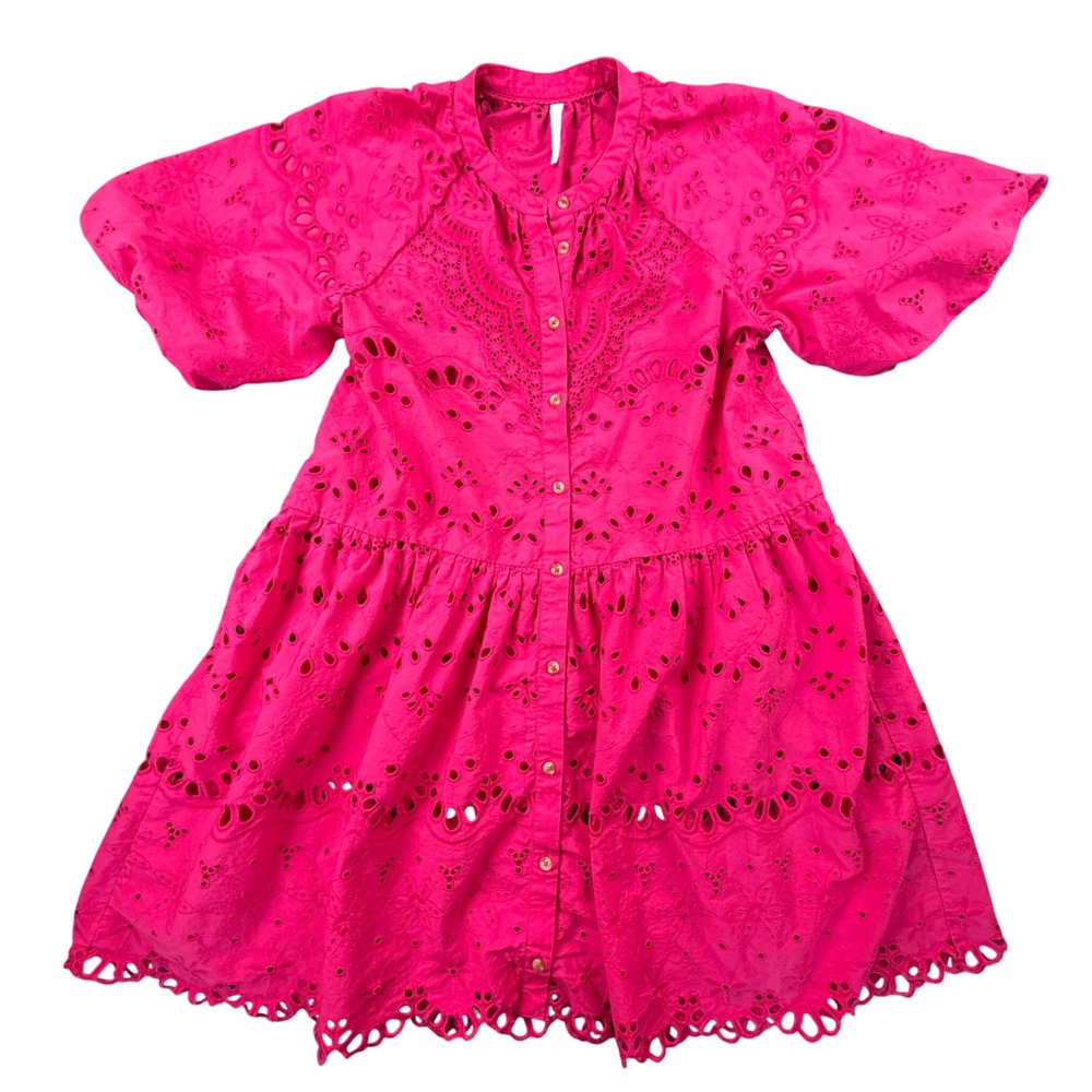 Anthropologie Hot Pink Eyelet Mini Dress Short Puff Sleeve Cotton Tiered Size L - Picture 2 of 13